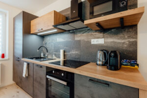 Modern kitchen with dishwasher and oven in Lux Plus 65 m² apartment, Miracle Seasons Demänová